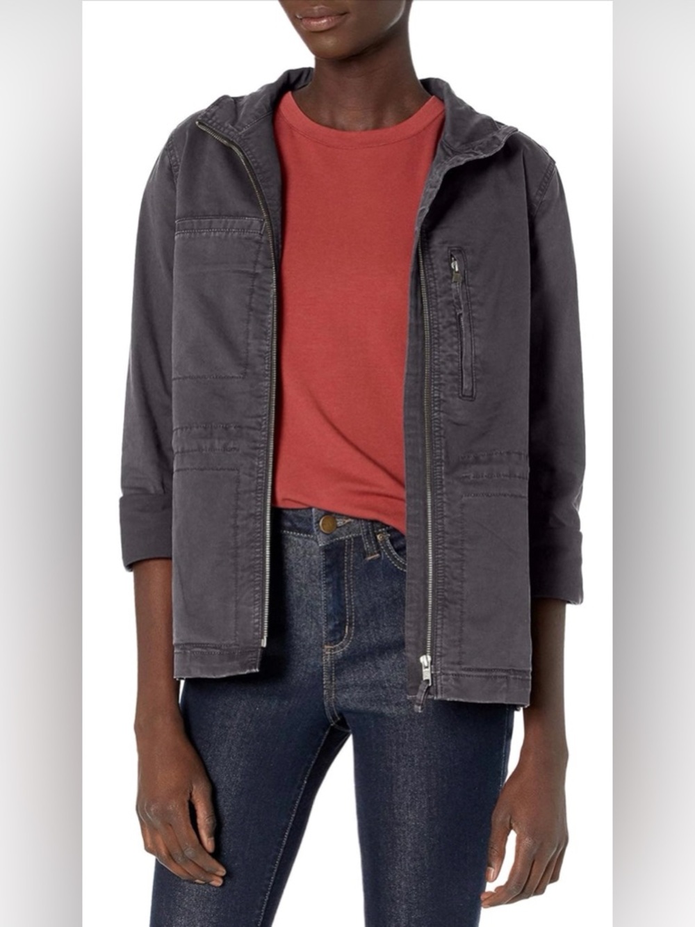 Women’s Military Cargo Zip Jacket, Charcoal